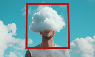 Surreal Man with Cloud Head in a Red Frame Against Blue Sky