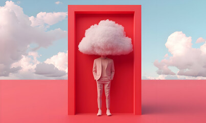 Person with Cloudy Head in Abstract Red Space on Colorful Background