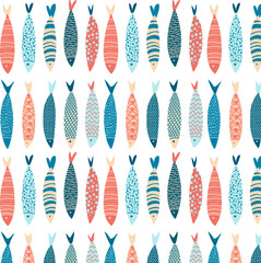 Nordic Fish Seamless Pattern. Naive ocean pattern. Fish background. Stylized vector fish