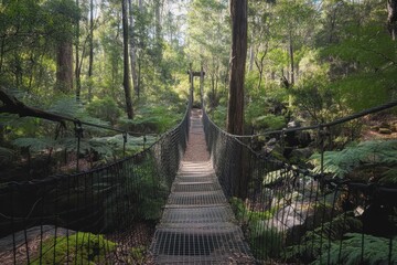 Obraz premium Explore the Hanging Bridge in the Enchanting Forest of Tasmania During a Scenic Hike, Hiking in Australia forest Hanging bridge in Tasmania nature reserve park