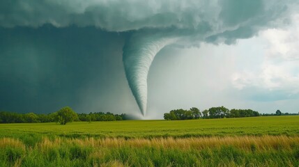 Powerful tornado over a green field