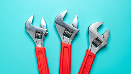 Adjustable wrenches with red rubber grips are displayed against bright blue background, showcasing their shiny metallic finish and versatile design. These tools are essential for various