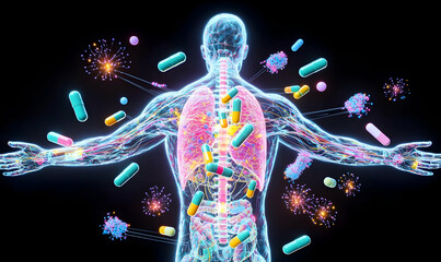 Fototapeta premium Human Body Composition with Capsules and Antibodies in 3D Visualization