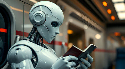 Traveling on Trains, Ticket and Passport Checker, A white humanoid robot Checking a passport against a luxury train, A Cross Border International Trains, Modern Technology Concept, Generative Ai