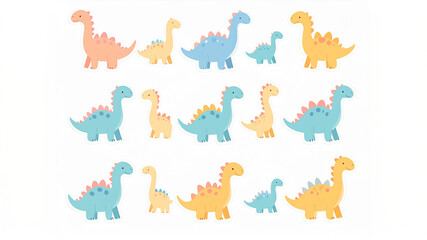 A collection of twelve colorful cartoon dinosaur illustrations, each featuring unique shapes and details. With friendly expressions and a mix of orange, blue, and yellow tones, the whimsical design ev