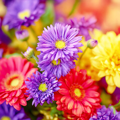 Obraz premium Colorful floral arrangement of asters gerberas and chrysanthemums perfect for backgrounds and designs