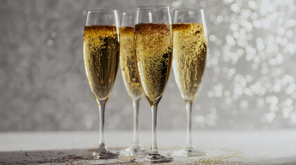 Four champagne flute glass with bubbly drinks on a stanford white background, ideal for festive occasions.
