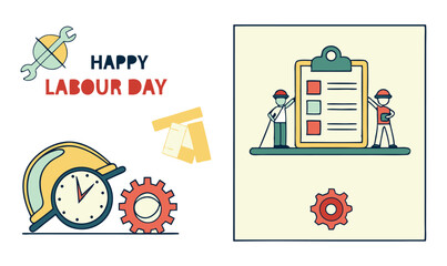 Happy Labour Day Illustration – Workers, Tools, Checklist and Gear Icon Vector