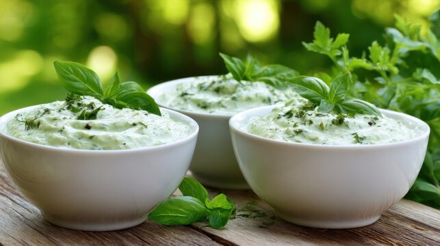 Three small white bowls of a light green, creamy dip, topped with fresh basil