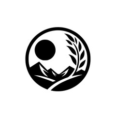 Black & White Nature Logo: Mountains, Sun, Wheat, Circle