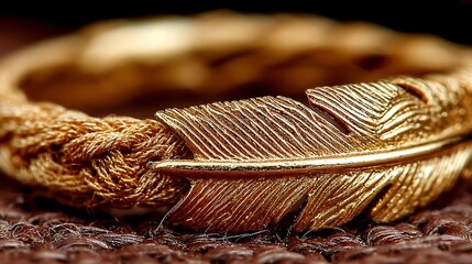 A sculpted feather ring rests on a textile.