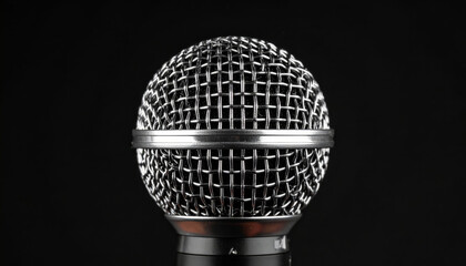 Close up of round microphone showcasing its intricate mesh design and sleek metallic finish, perfect for capturing sound with clarity and precision. image evokes sense of professionalism