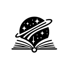 Cosmic Storybook Logo: Space Planet & Open Book Illustration