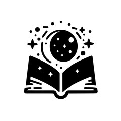 Fototapeta premium Magical Book & Moon: Black & White Celestial Illustration