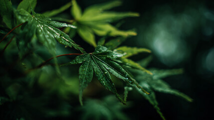 Fototapeta premium Fresh green japanese maple leaves captured up close for innate excogitation inspiration.