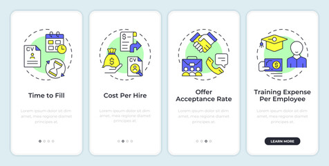 Hiring metrics onboarding mobile app screen. Employment analytics. Walkthrough 4 steps editable graphic instructions with linear concepts. UI, UX, GUI. Montserrat SemiBold, Regular fonts used