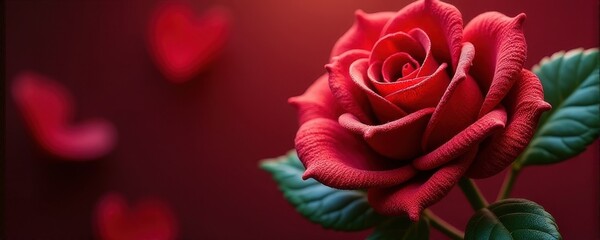 Naklejka premium Red rose with heart decorations on deep red background.