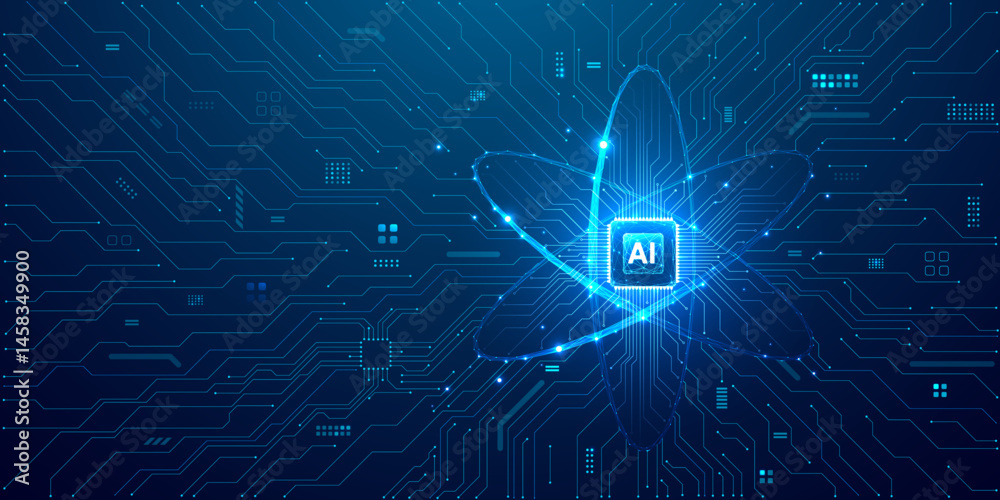 Poster Ai chip and abstract digital atom icon on circuit board. Futuristic technology background. Science tech bg. Circuit light lines and processor. Artificial Intelligence concept. Vector illustration.