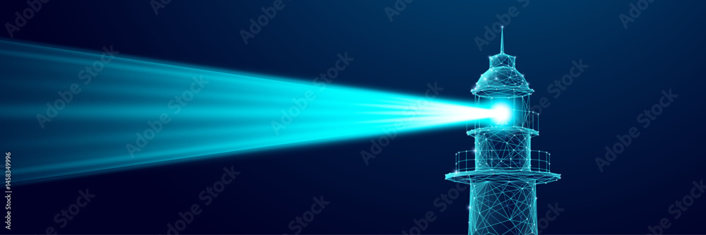 Poster Digital lighthouse. Bright light beam on dark blue technology background. Safe harbor. Business vision concept. Great for web banners. Close-up lighthouse. Low poly wireframe vector illustration.