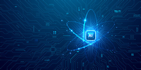 Ai chip and abstract digital atom icon on circuit board. Futuristic technology background. Science tech bg. Circuit light lines and processor. Artificial Intelligence concept. Vector illustration.