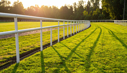 Fototapeta premium serene green horse race track with white railing, bathed in warm sunlight, creates peaceful atmosphere. long shadows cast by railing enhance beauty of scene