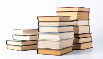 Stacks of books arranged neatly, showcasing various colors and sizes, symbolizing knowledge and education. These books represent wealth of information and learning opportunities