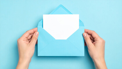 Hands holding open blue envelope with blank white card inside, set against light blue background. This conveys sense of anticipation and communication