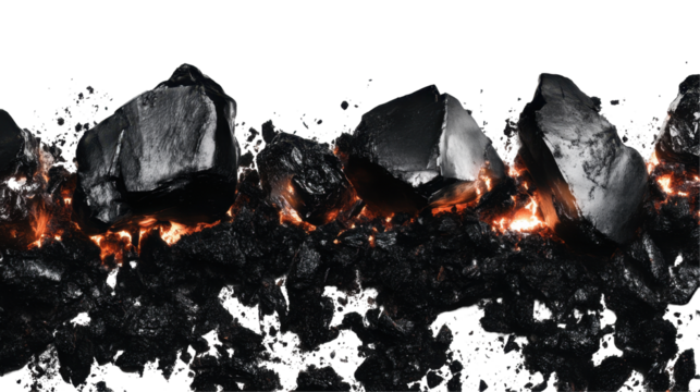 Burning Charcoal Stones Sitting on Dark Ash Surface with Glowing Sparks and Ashy Texture