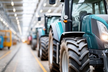 Close-up view of various tractor models on the assembly line in a factory