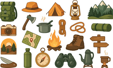 A set of essential camping gear, including a backpack, cooking pot, rope, hat, map, folding knife, and a steaming cup, ideal for adventure, survival, and outdoor exploration themes