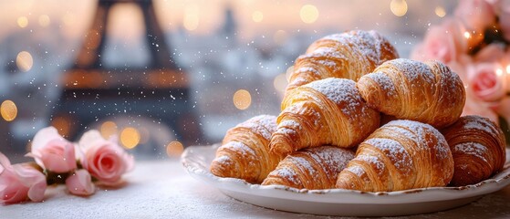 Goldenbrown croissants dusted with powdered sugar on a white plate in paris