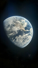 A half-lit Earth viewed from space, showing detailed cloud formations and landmasses against a dark backdrop of stars