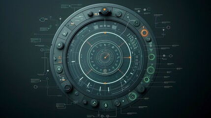 Futuristic circular interface with numerous controls and indicators