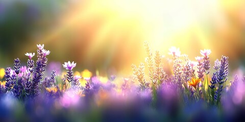 Obraz premium The lavender field is bathed in golden sunlight