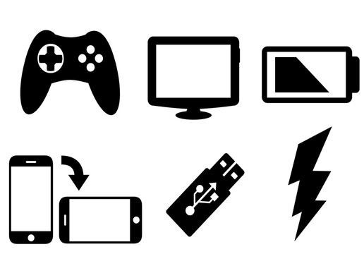 smartphones , white screens LCD and on a white background,Battrey Icon with gaming pade icon,USB And phone Charging Conect Icon.