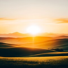 Obraz premium Golden Sunset Over Rolling Hills and Fields of Wheat at Sunrise Breathtaking Landscape
