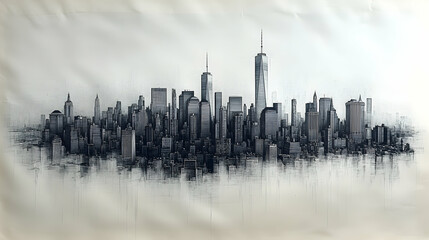Fototapeta premium Monochromatic cityscape rendering, detailed skyline with varying building heights, hazy base