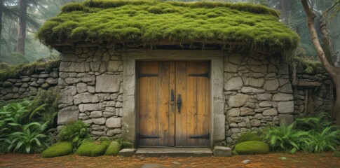 Ancient moss-covered stone building, wooden door, tranquil forest , forest, secluded, leaves