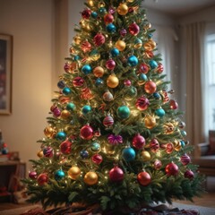 Magnificent Christmas tree, colorful ornaments, soft light glow , christmas lights, festive season