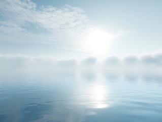 Fototapeta premium Serene Waterscape: A tranquil seascape unfolds, where the sky and water converge, reflecting sunlight and a sense of serenity. A peaceful view of the sea with clouds and the sun creating a soft.