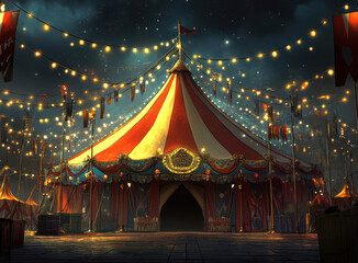 Traditional circus show under a glowing tent at night-time celebration - fun fair big top