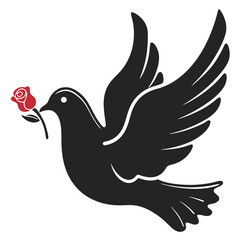 A flying Pigeon silhouette, a bird symbol of peace and hope, carries a rose flower vector
