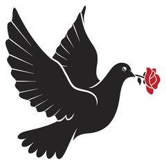 Flying Dove of Peace with flower Symbol Silhouette Vector Illustration