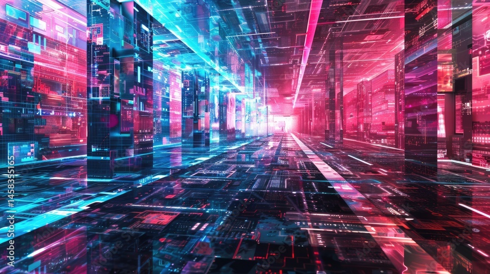 Poster abstract digital shape and particle technological cyber style design connecting become system shape 