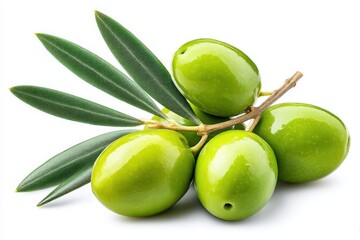 Obraz premium Fresh green olives with olive leaves arranged beautifully on a white background showcasing the vibrant color and glossy texture highlighting health benefits and culinary versatility