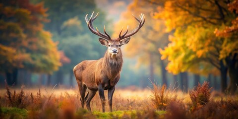 Majestic Red Deer in Autumn Meadow, wild, trees,  wild, trees, color palette, fall, forest floor
