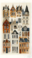 Fototapeta premium Watercolor painting of a charming collection of European-style houses, showcasing diverse architectural details and warm earth tones