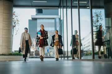 Three businesswomen walk together past a reflective glass facade, symbolizing collaboration and professionalism in an urban work environment.