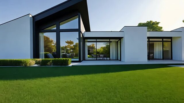 Modern white single-story house with large black-framed windows, sloped roof, manicured lawn, and minimalist design in sunny backyard

