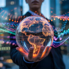 Human interaction with technology, symbolized by the hand holding the globe.